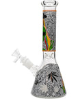Aliens And Hemp Leaves Glow Glass Beaker Water Pipe-10"