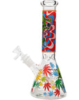 Aliens And Hemp Leaves Glow Glass Beaker Water Pipe-10"