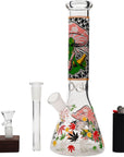 Aliens And Hemp Leaves Glow Glass Beaker Water Pipe-10"