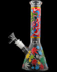 Aliens And Hemp Leaves Glow Glass Beaker Water Pipe-10"