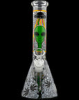 Aliens And Hemp Leaves Glow Glass Beaker Water Pipe-10"