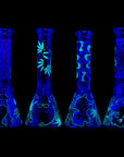 Aliens And Hemp Leaves Glow Glass Beaker Water Pipe-10"