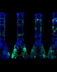 Aliens And Hemp Leaves Glow Glass Beaker Water Pipe-10"