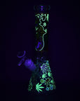 Aliens And Hemp Leaves Glow Glass Beaker Water Pipe-10" / 14mm F / Designs Vary