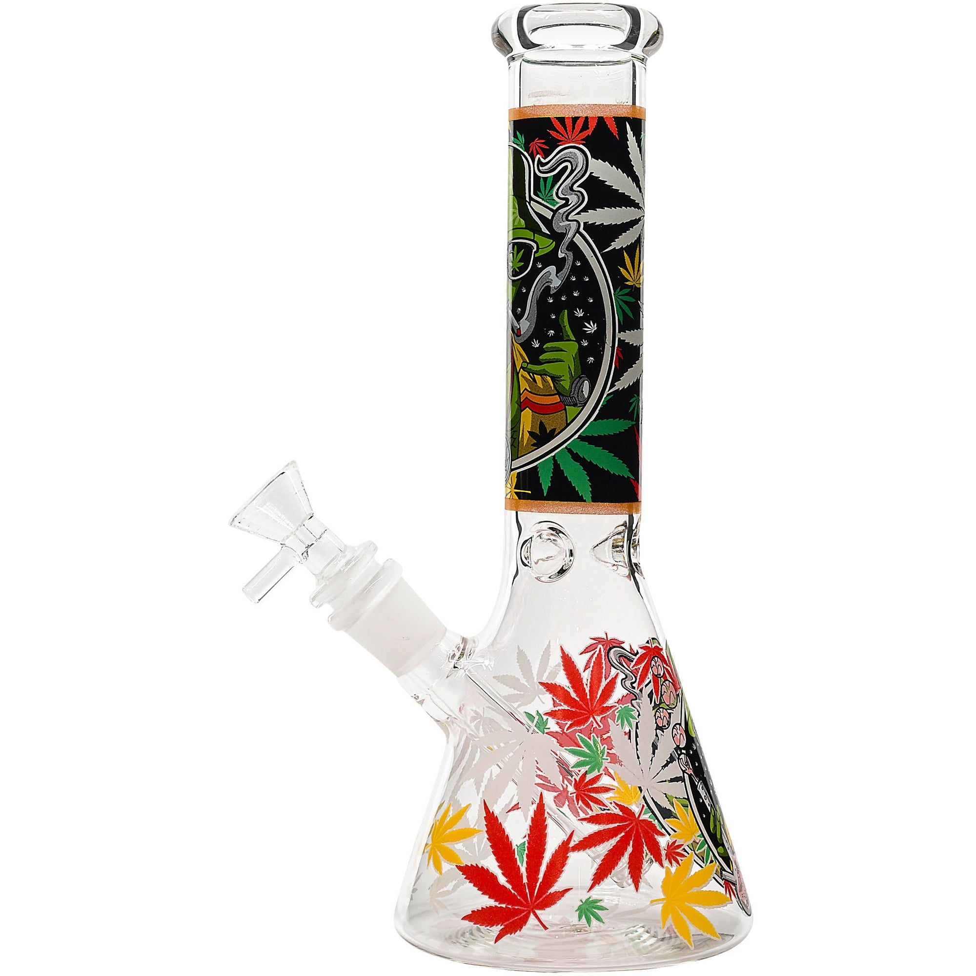 Aliens And Hemp Leaves Glow Glass Beaker Water Pipe-10"