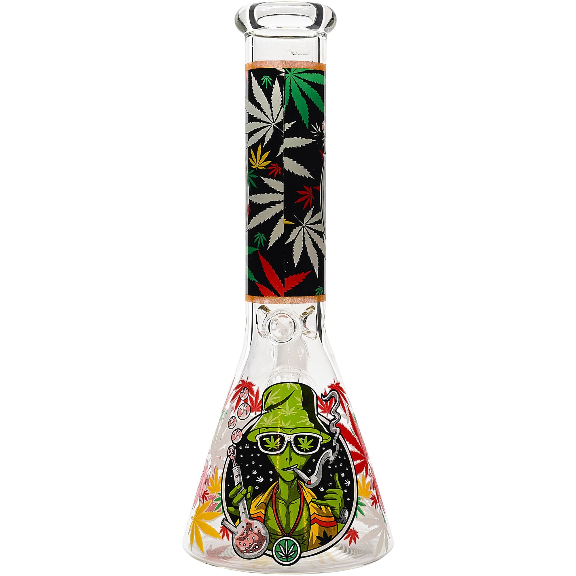 Aliens And Hemp Leaves Glow Glass Beaker Water Pipe-10"