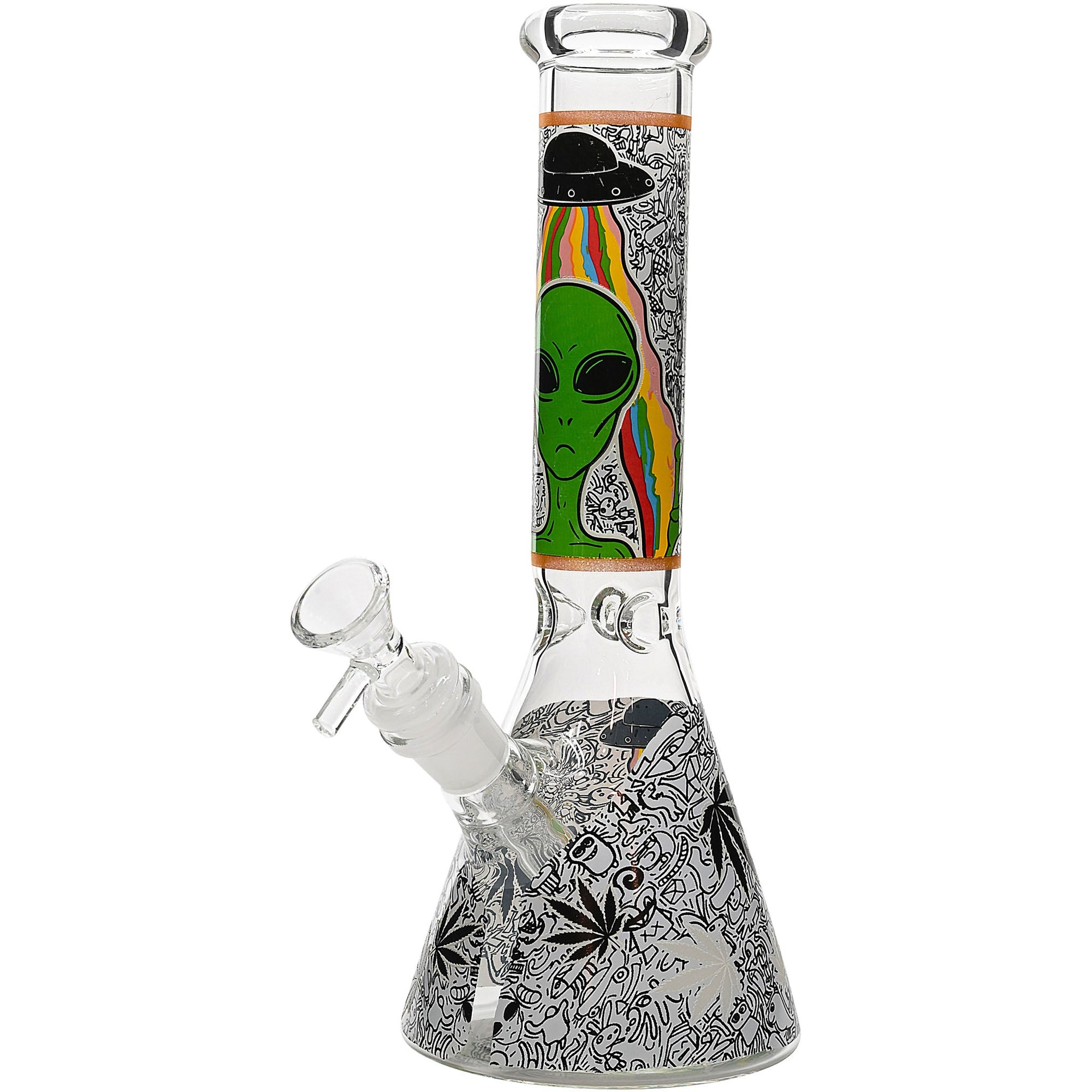 Aliens And Hemp Leaves Glow Glass Beaker Water Pipe-10"