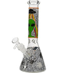 Aliens And Hemp Leaves Glow Glass Beaker Water Pipe-10"