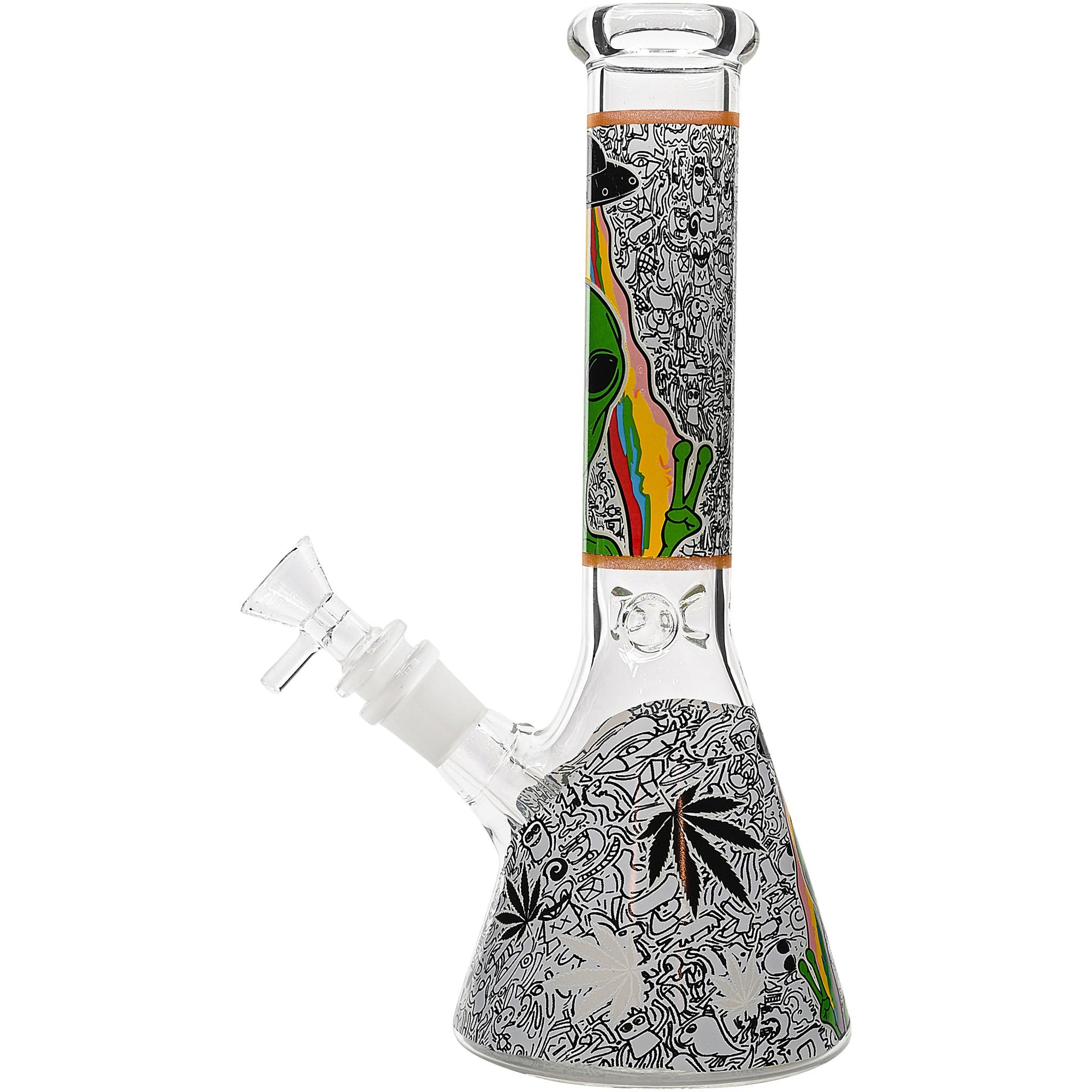 Aliens And Hemp Leaves Glow Glass Beaker Water Pipe-10"