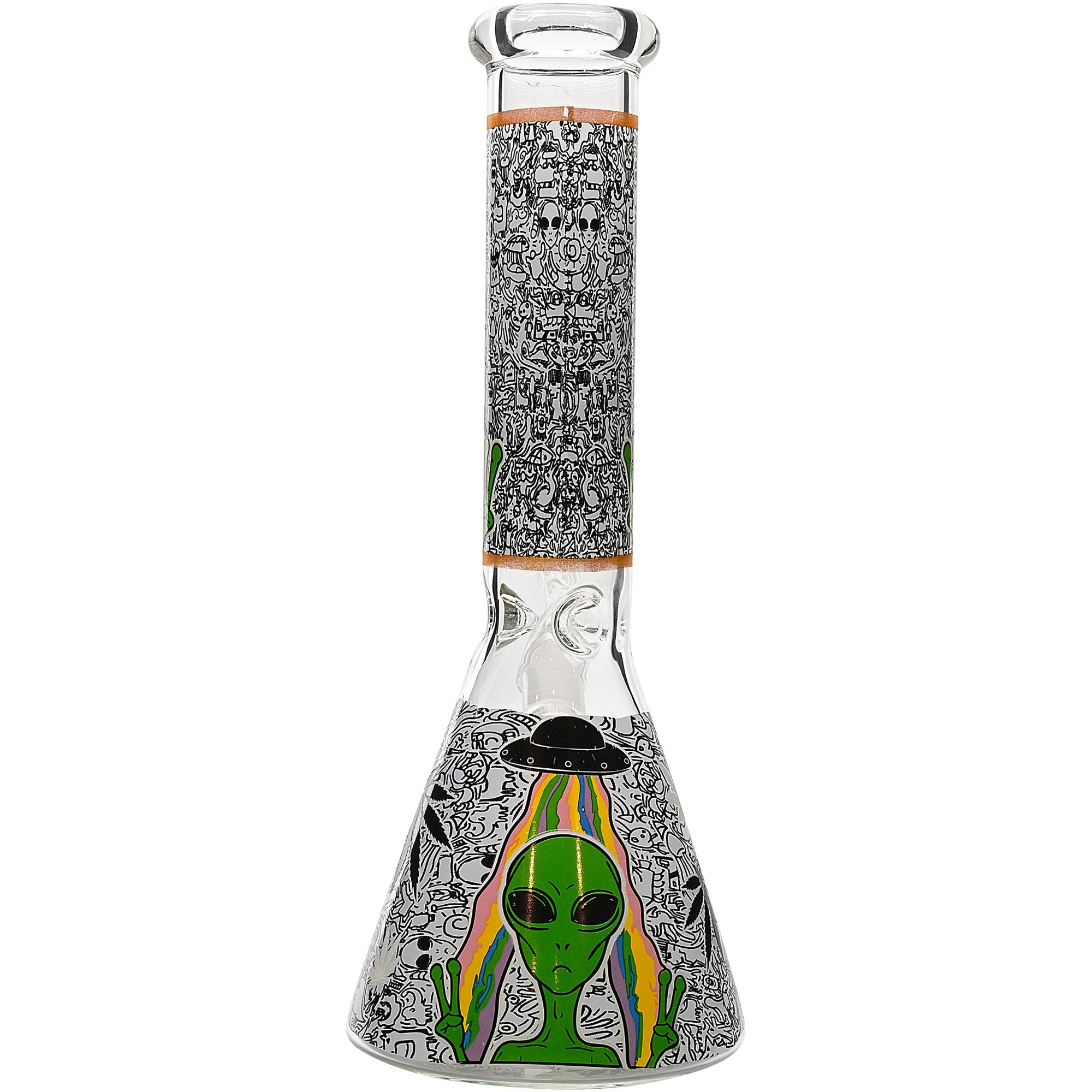 Aliens And Hemp Leaves Glow Glass Beaker Water Pipe-10"