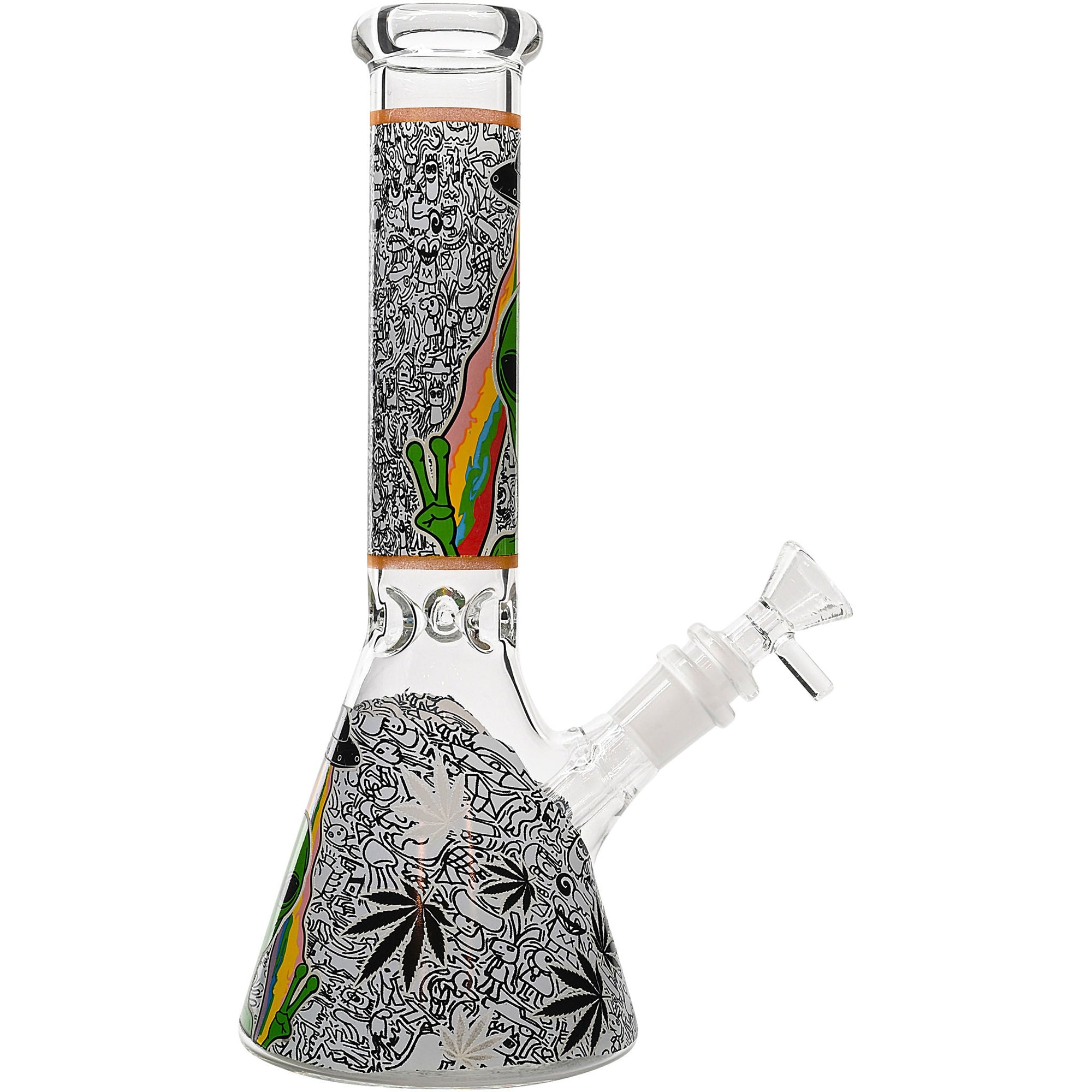Aliens And Hemp Leaves Glow Glass Beaker Water Pipe-10"