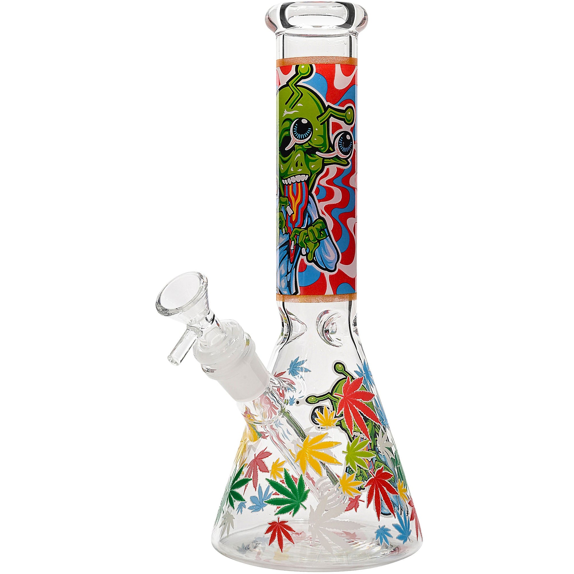 Aliens And Hemp Leaves Glow Glass Beaker Water Pipe-10"