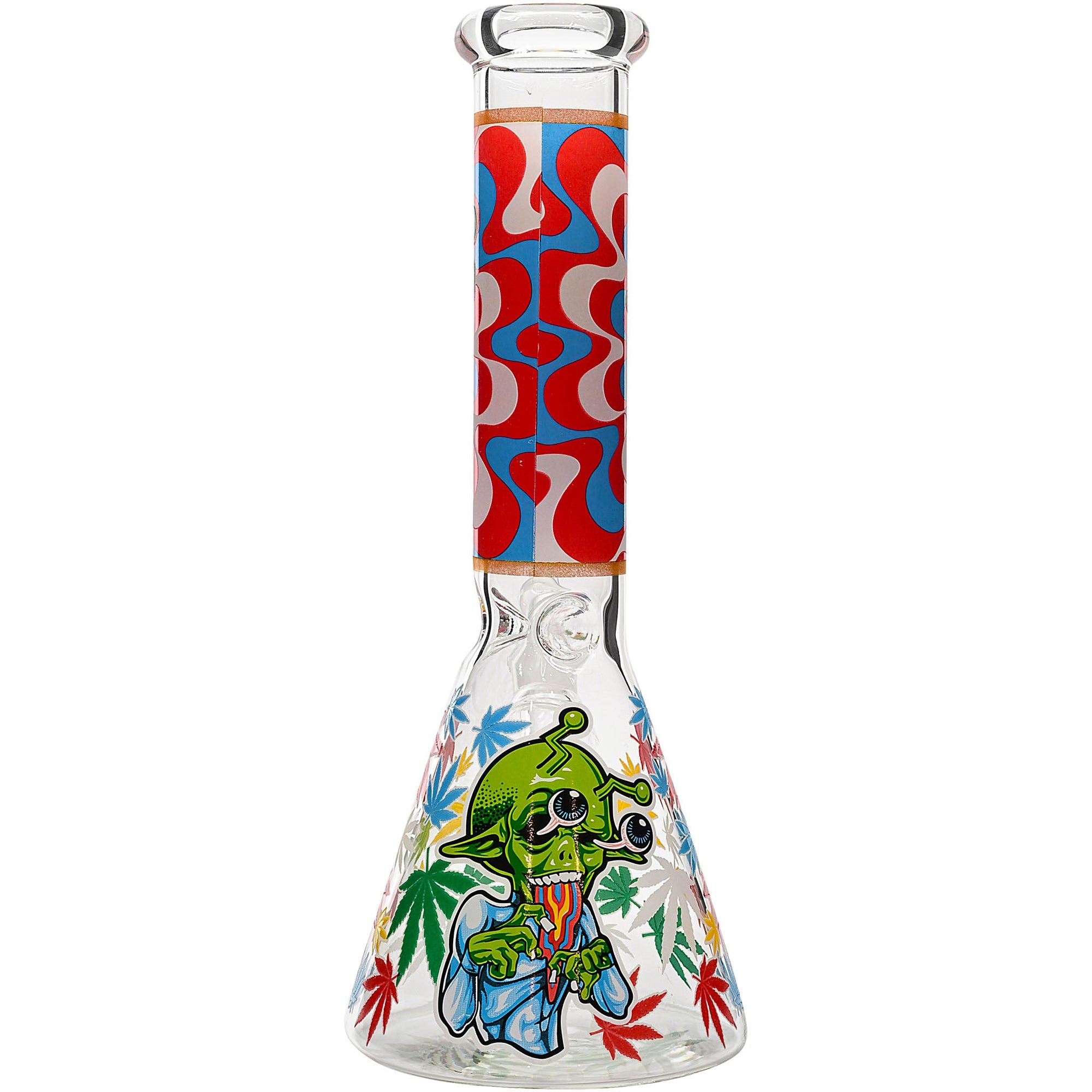 Aliens And Hemp Leaves Glow Glass Beaker Water Pipe-10"