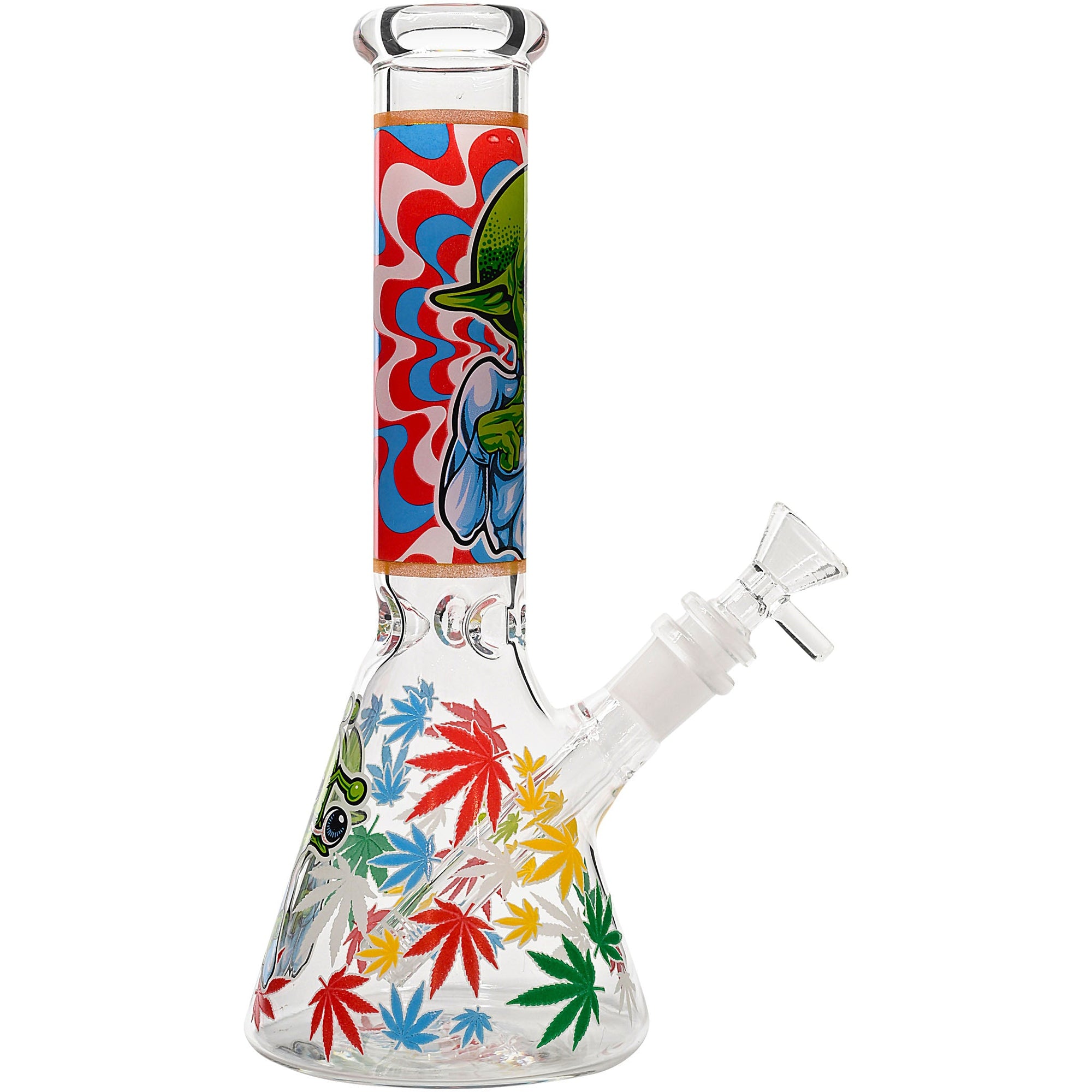 Aliens And Hemp Leaves Glow Glass Beaker Water Pipe-10"