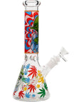 Aliens And Hemp Leaves Glow Glass Beaker Water Pipe-10"