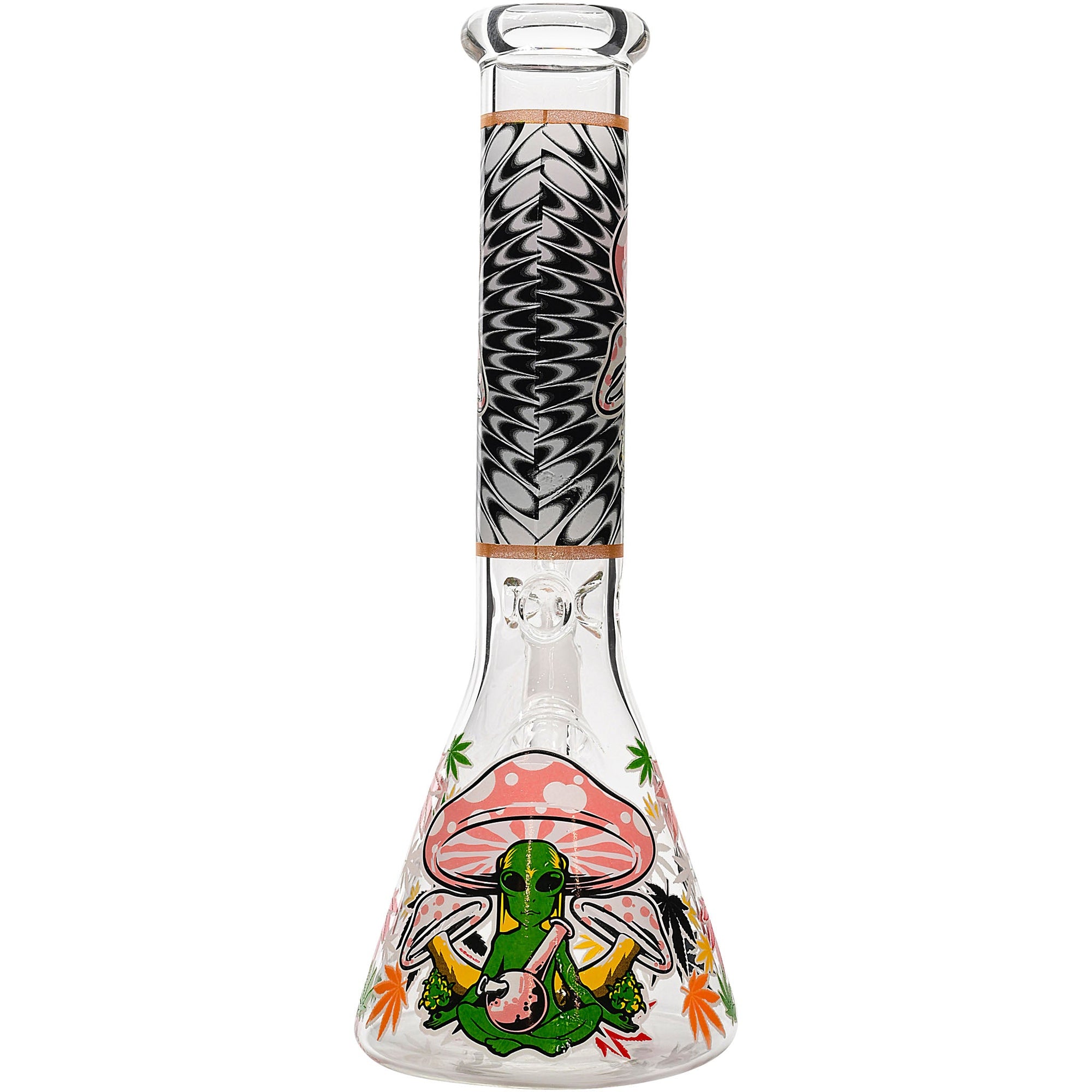 Aliens And Hemp Leaves Glow Glass Beaker Water Pipe-10"