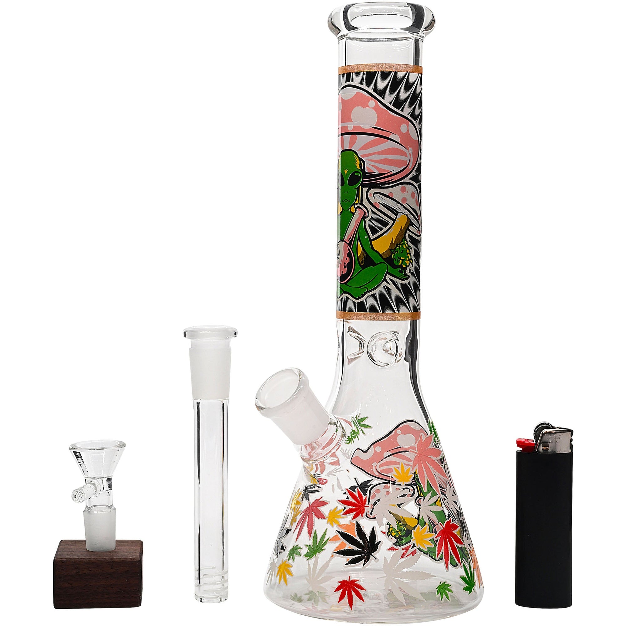 Aliens And Hemp Leaves Glow Glass Beaker Water Pipe-10"