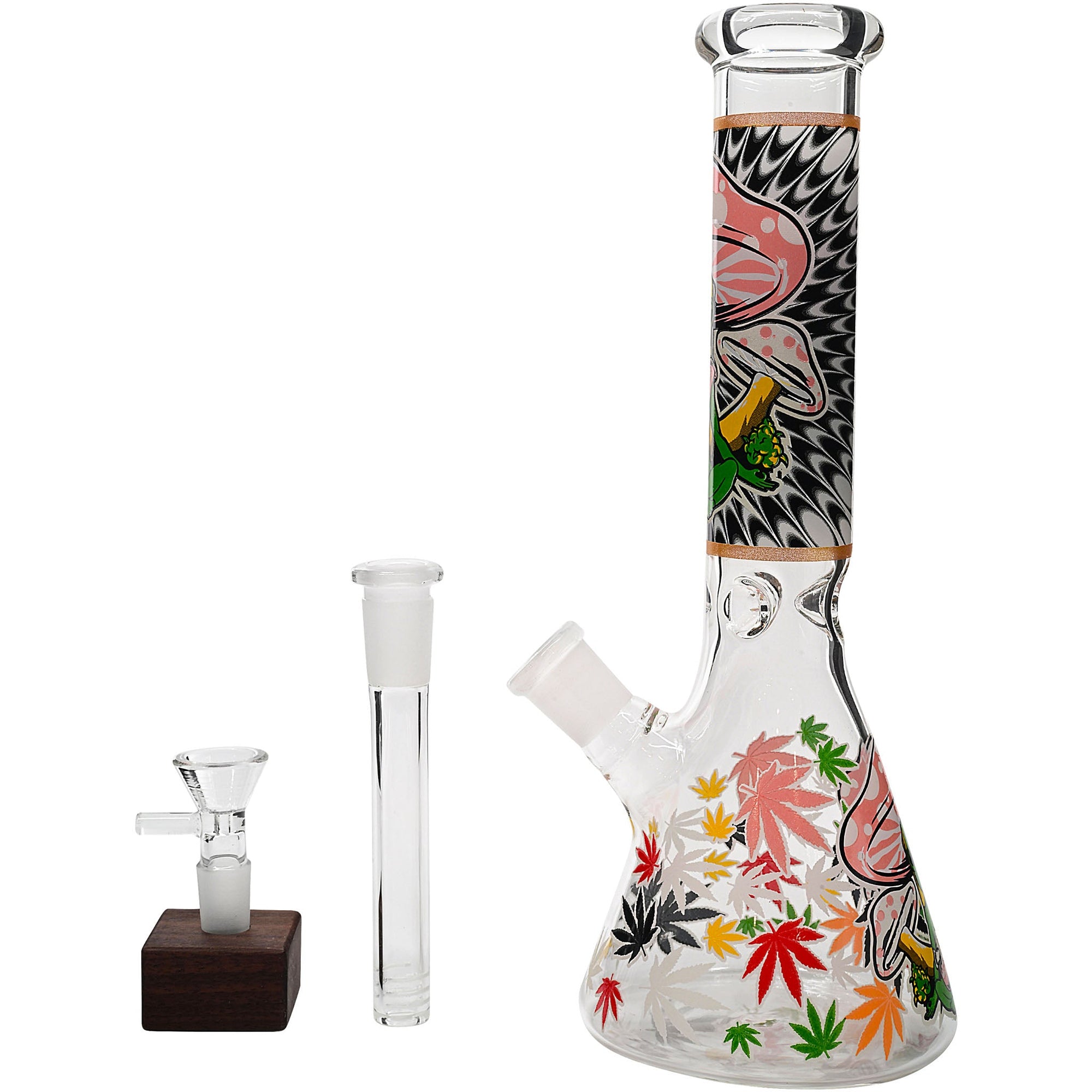 Aliens And Hemp Leaves Glow Glass Beaker Water Pipe-10"