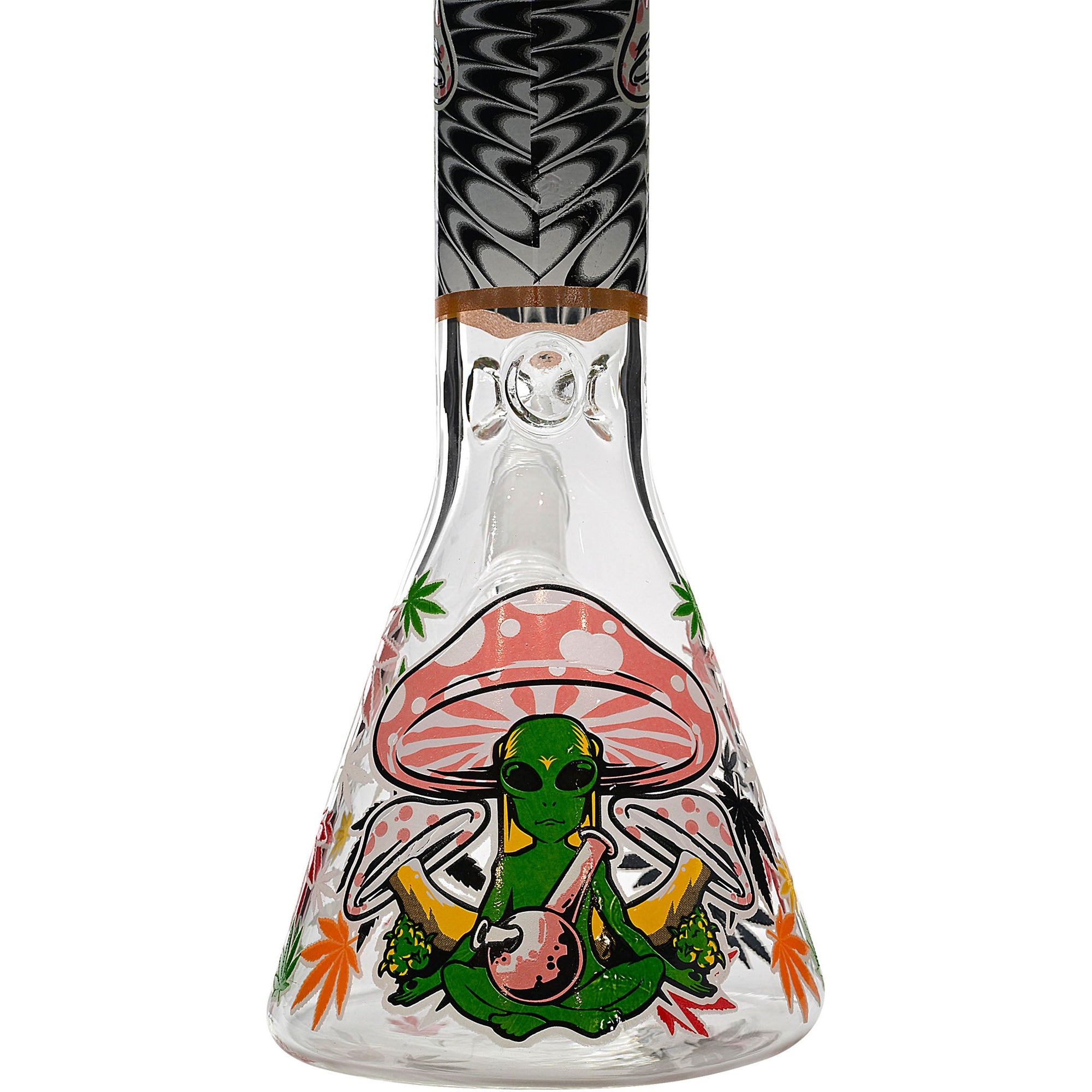 Aliens And Hemp Leaves Glow Glass Beaker Water Pipe-10"