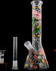 Aliens And Hemp Leaves Glow Glass Beaker Water Pipe-10"