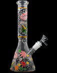 Aliens And Hemp Leaves Glow Glass Beaker Water Pipe-10"