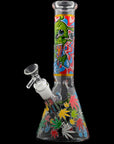 Aliens And Hemp Leaves Glow Glass Beaker Water Pipe-10"