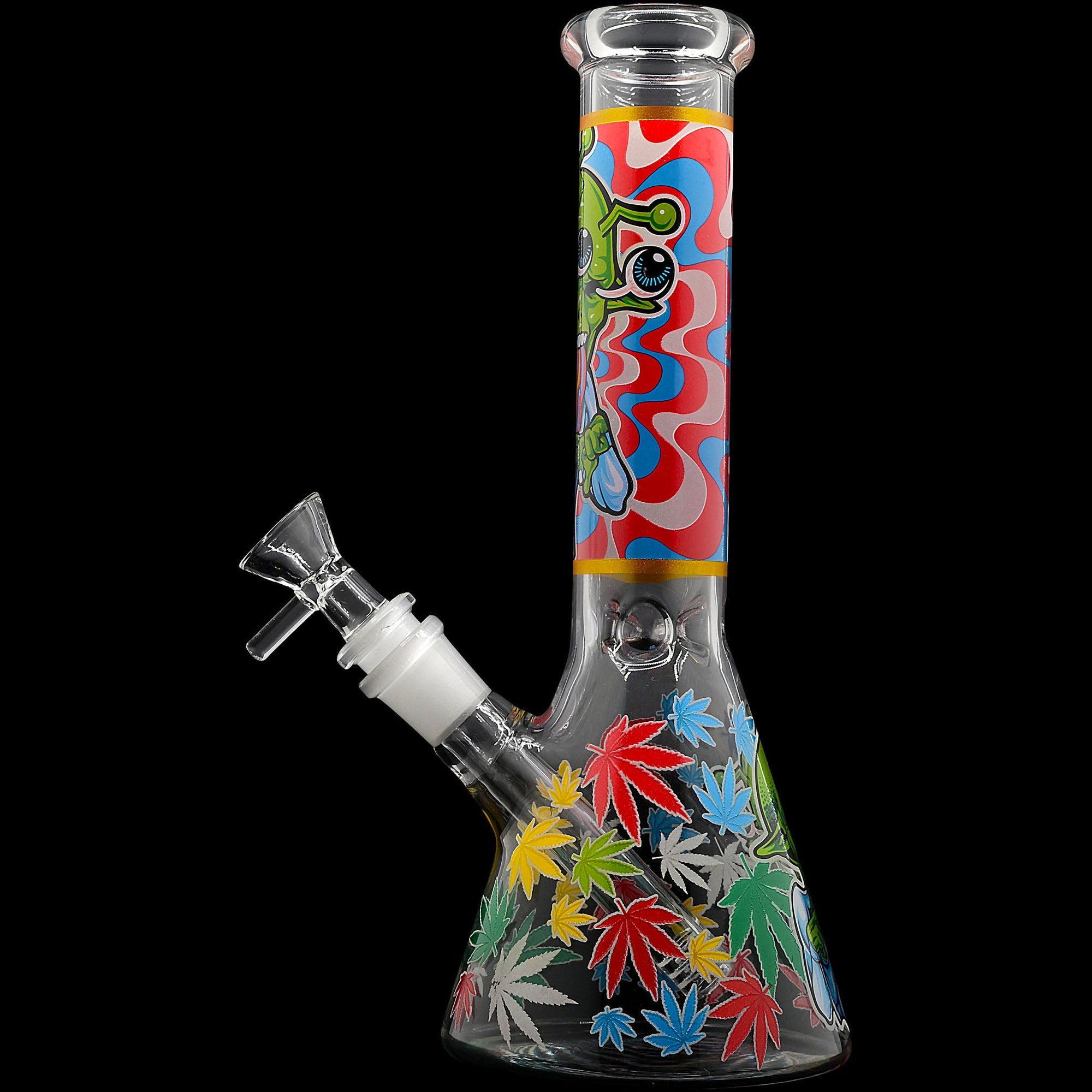 Aliens And Hemp Leaves Glow Glass Beaker Water Pipe-10"