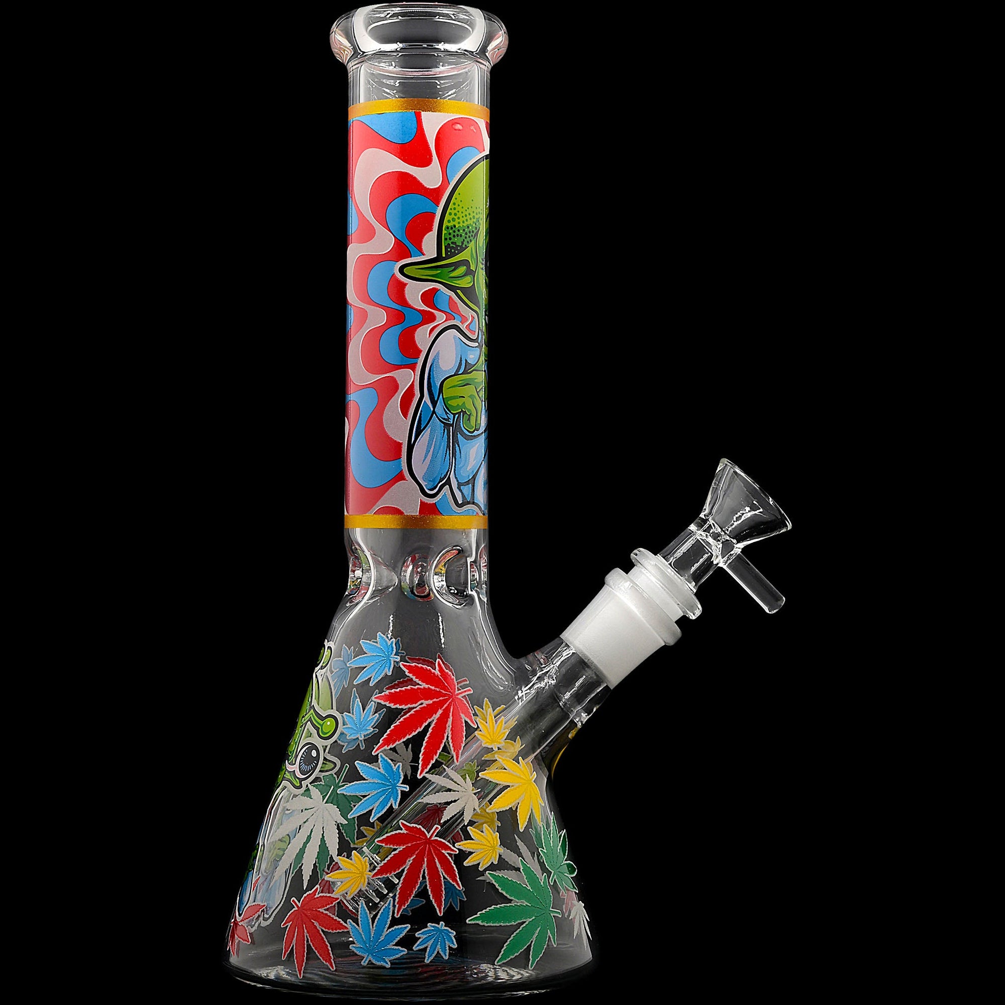 Aliens And Hemp Leaves Glow Glass Beaker Water Pipe-10"