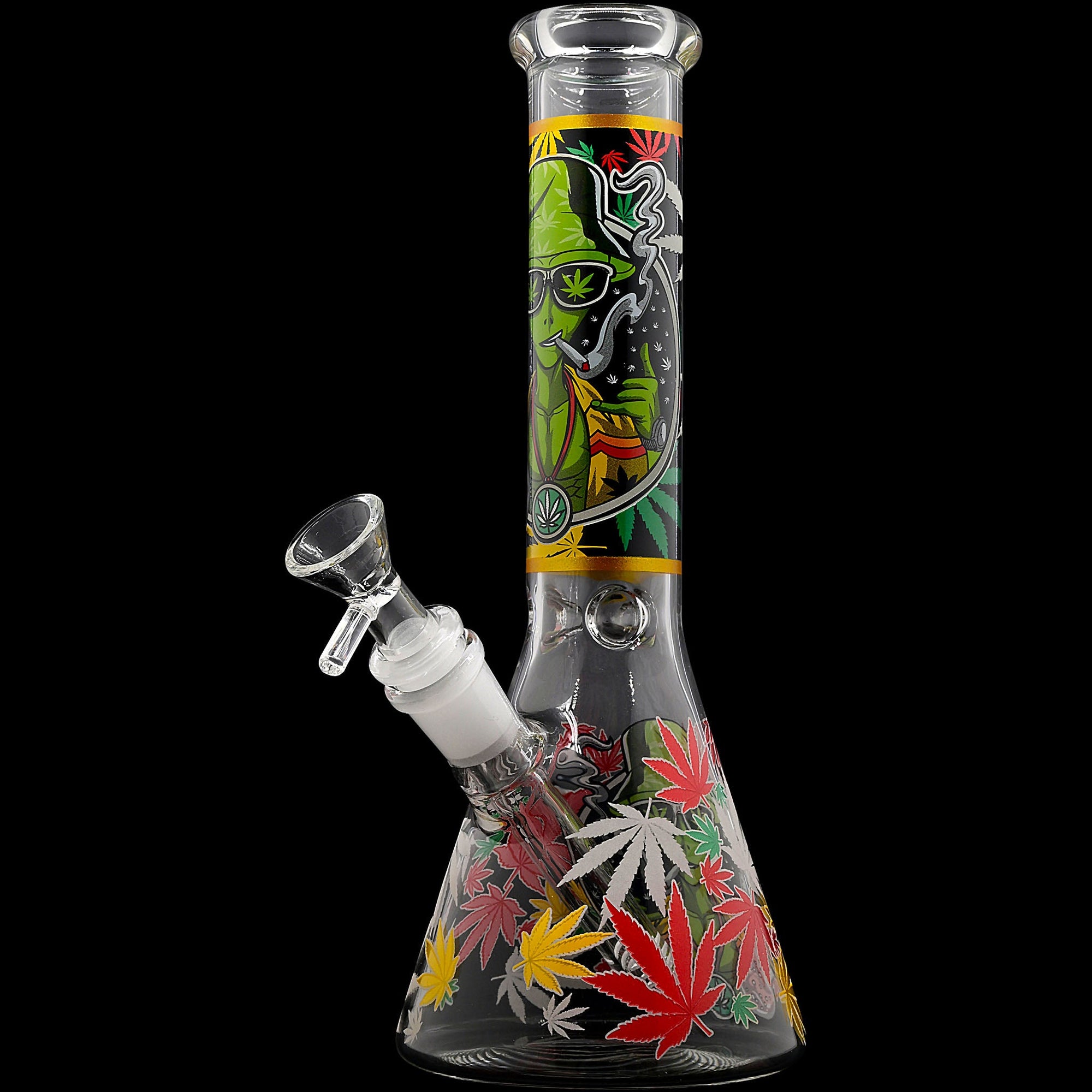 Aliens And Hemp Leaves Glow Glass Beaker Water Pipe-10"