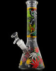 Aliens And Hemp Leaves Glow Glass Beaker Water Pipe-10"