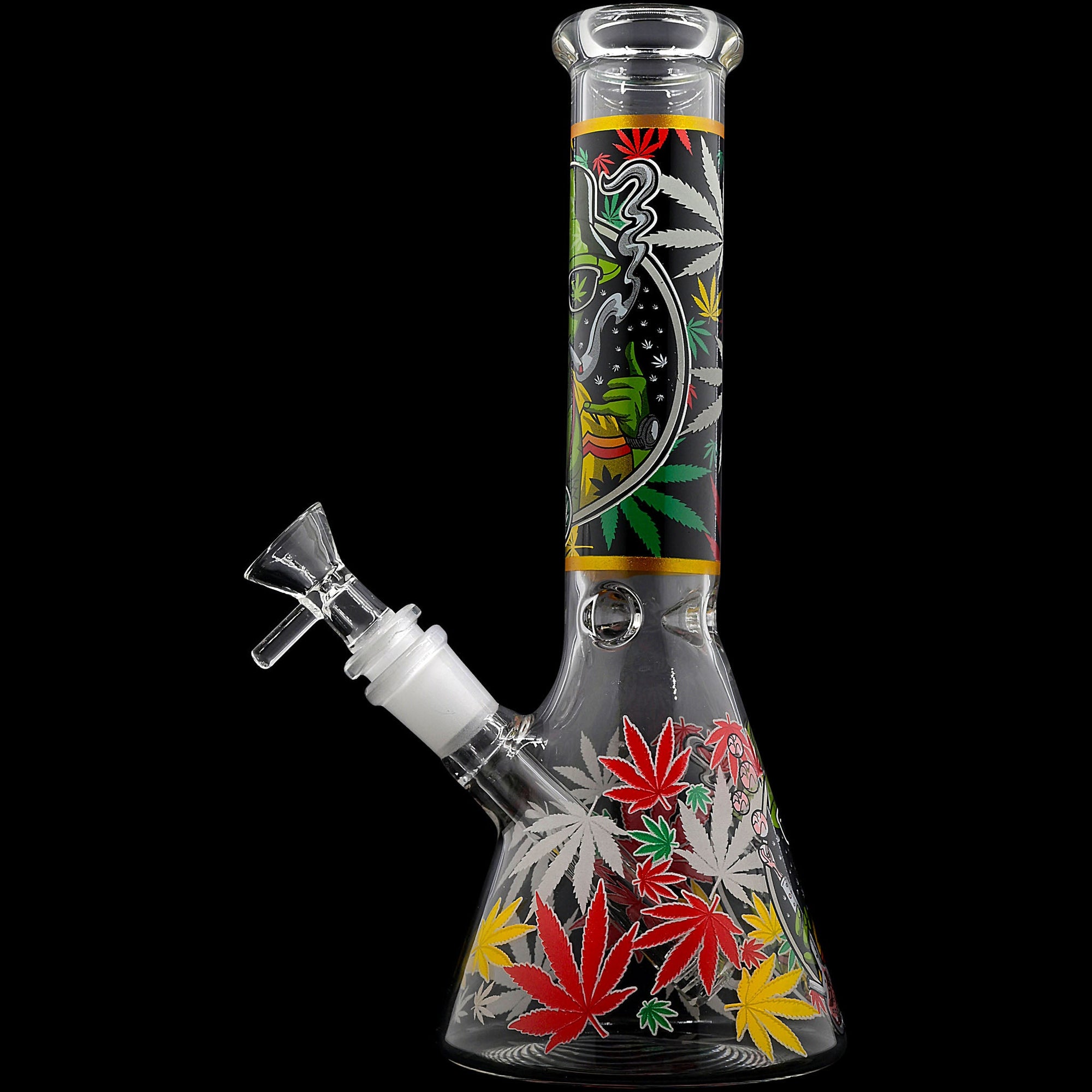 Aliens And Hemp Leaves Glow Glass Beaker Water Pipe-10"
