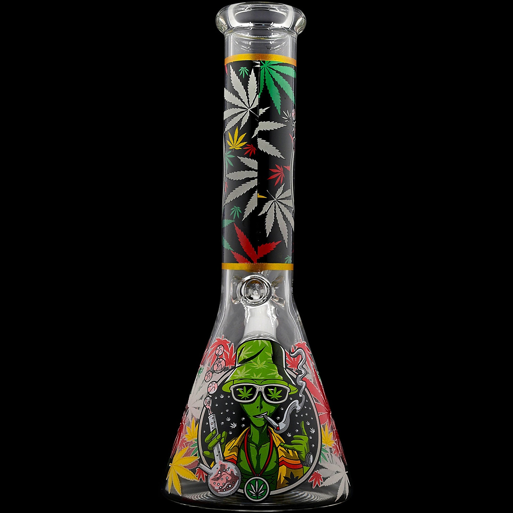 Aliens And Hemp Leaves Glow Glass Beaker Water Pipe-10"