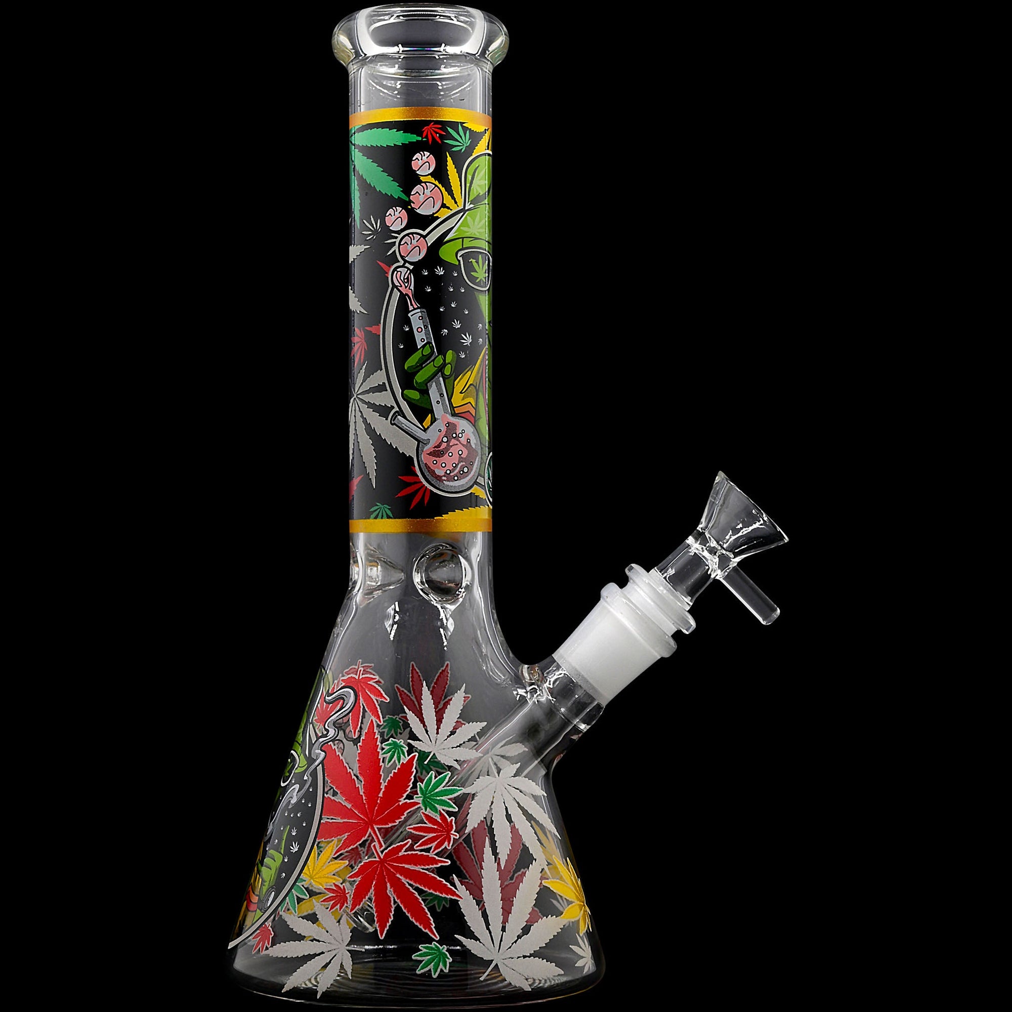 Aliens And Hemp Leaves Glow Glass Beaker Water Pipe-10"