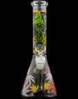 Aliens And Hemp Leaves Glow Glass Beaker Water Pipe-10"