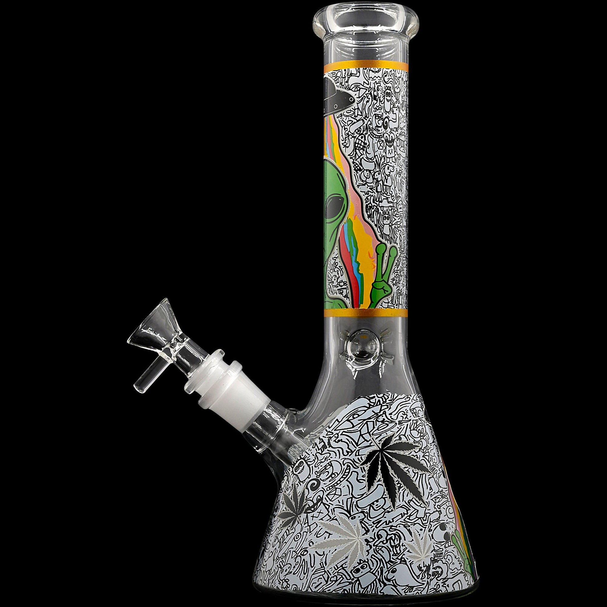 Aliens And Hemp Leaves Glow Glass Beaker Water Pipe-10"