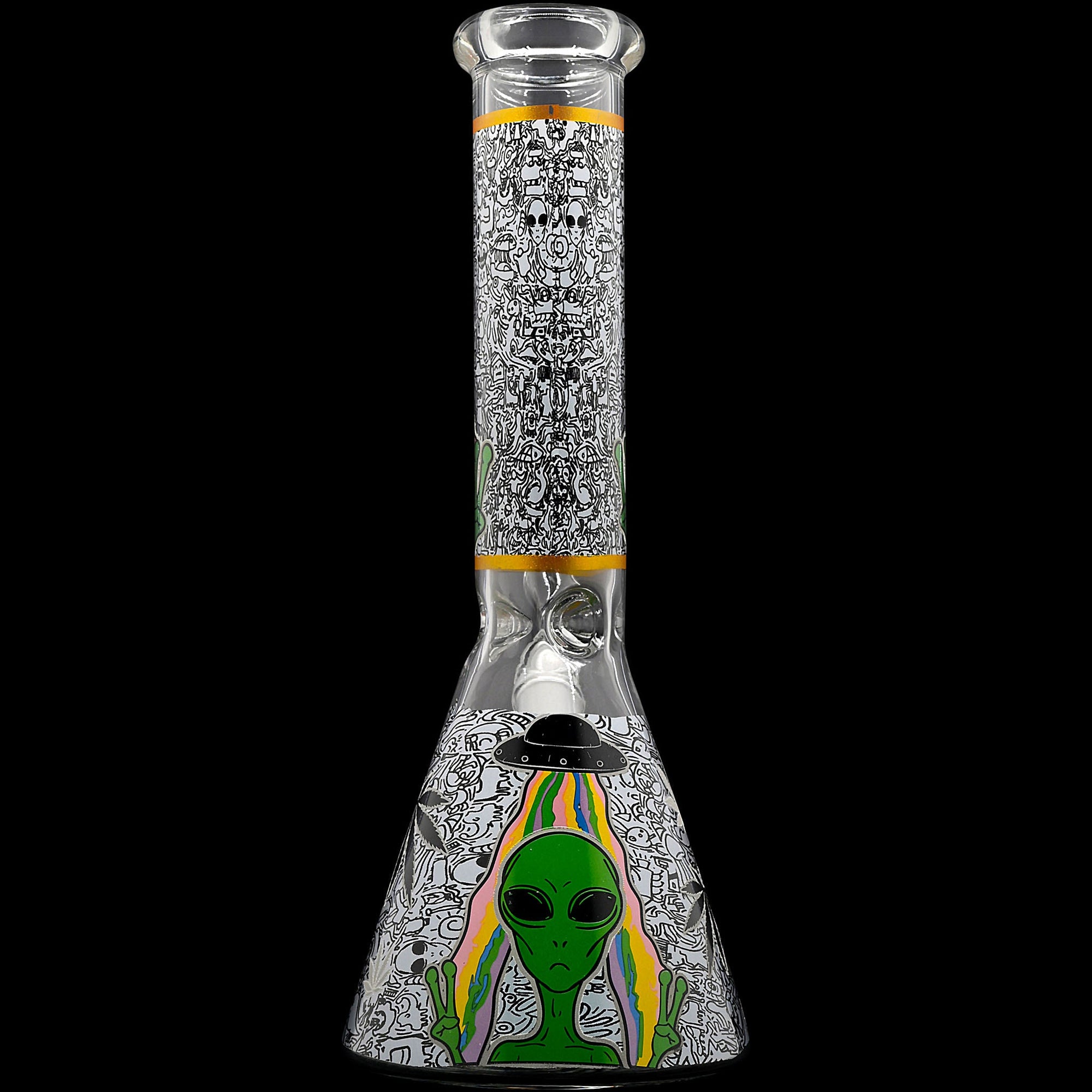 Aliens And Hemp Leaves Glow Glass Beaker Water Pipe-10"