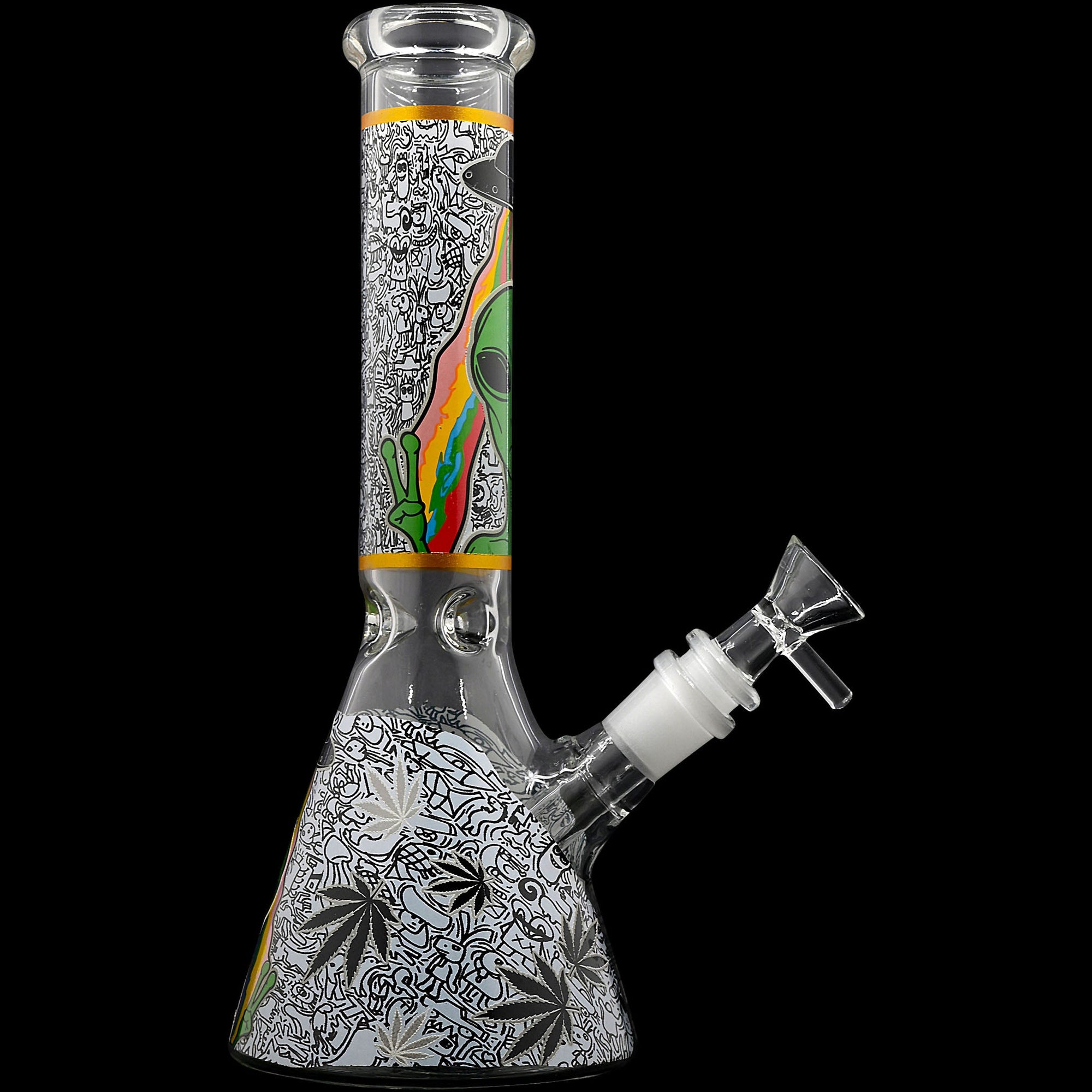Aliens And Hemp Leaves Glow Glass Beaker Water Pipe-10"