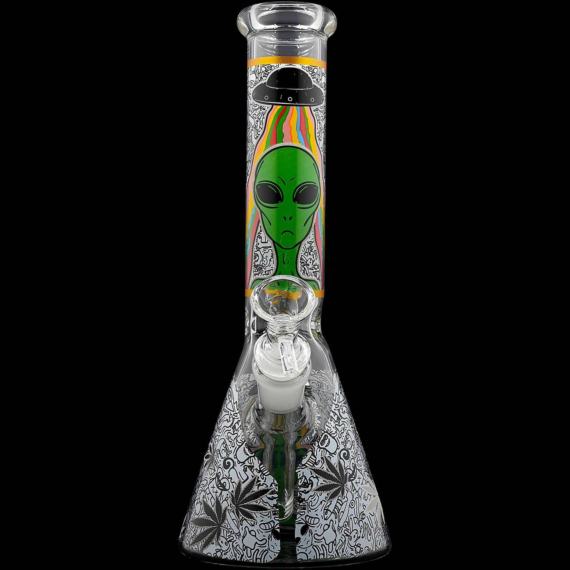 Aliens And Hemp Leaves Glow Glass Beaker Water Pipe-10"