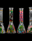 Aliens And Hemp Leaves Glow Glass Beaker Water Pipe-10"