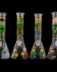 Aliens And Hemp Leaves Glow Glass Beaker Water Pipe-10"