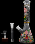 Aliens And Hemp Leaves Glow Glass Beaker Water Pipe-10"