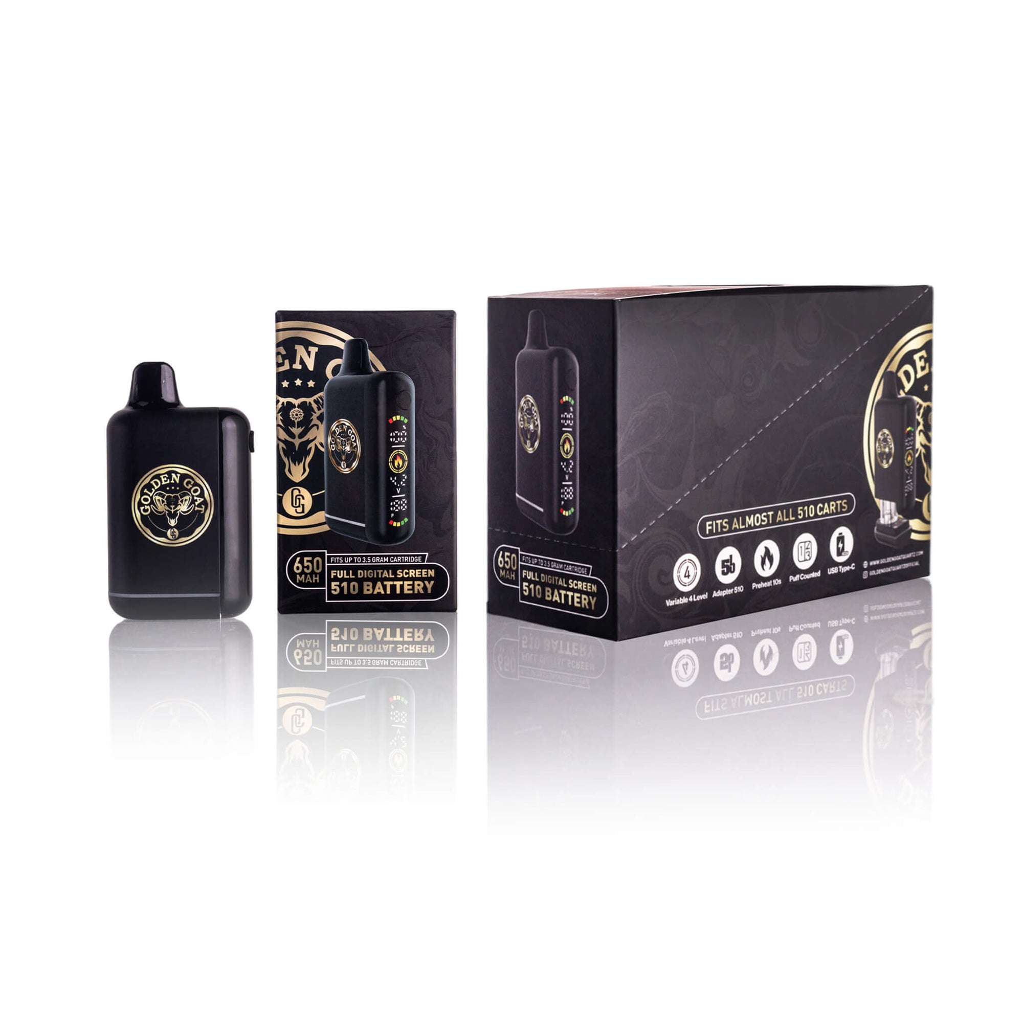 Golden Goat Performance 510 Battery | Unit, Case, &amp; Packaging Profile View | GG