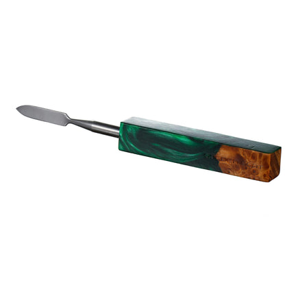 Pointed Blade Titanium Dab Tool | Emerald & Wood Color Variation View | Golden Goat Quartz