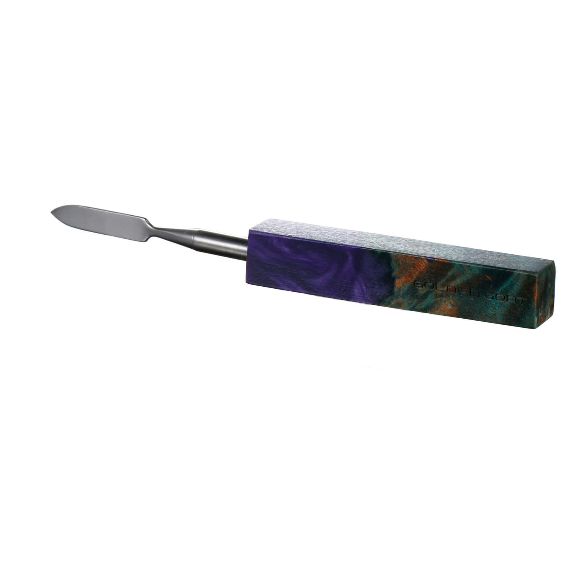 Pointed Blade Titanium Dab Tool | Purple & Wood Color Variation View | Golden Goat Quartz