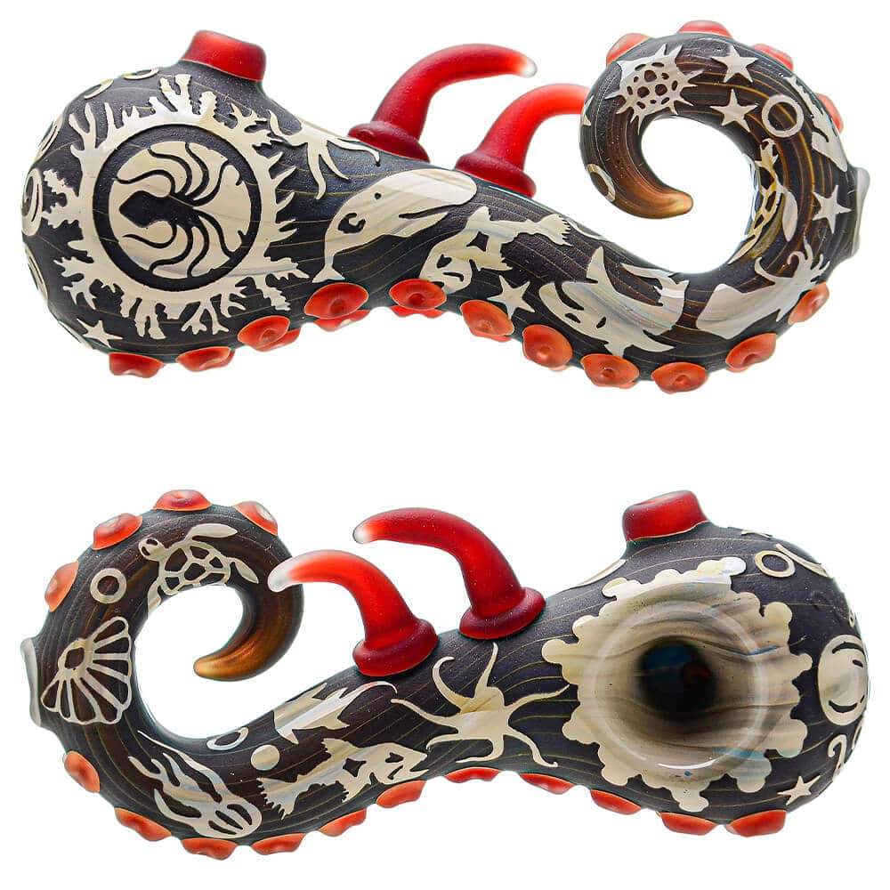 Heady Octopus Hand Pipe W/ Sandblasted Sealife Designs | Calibear