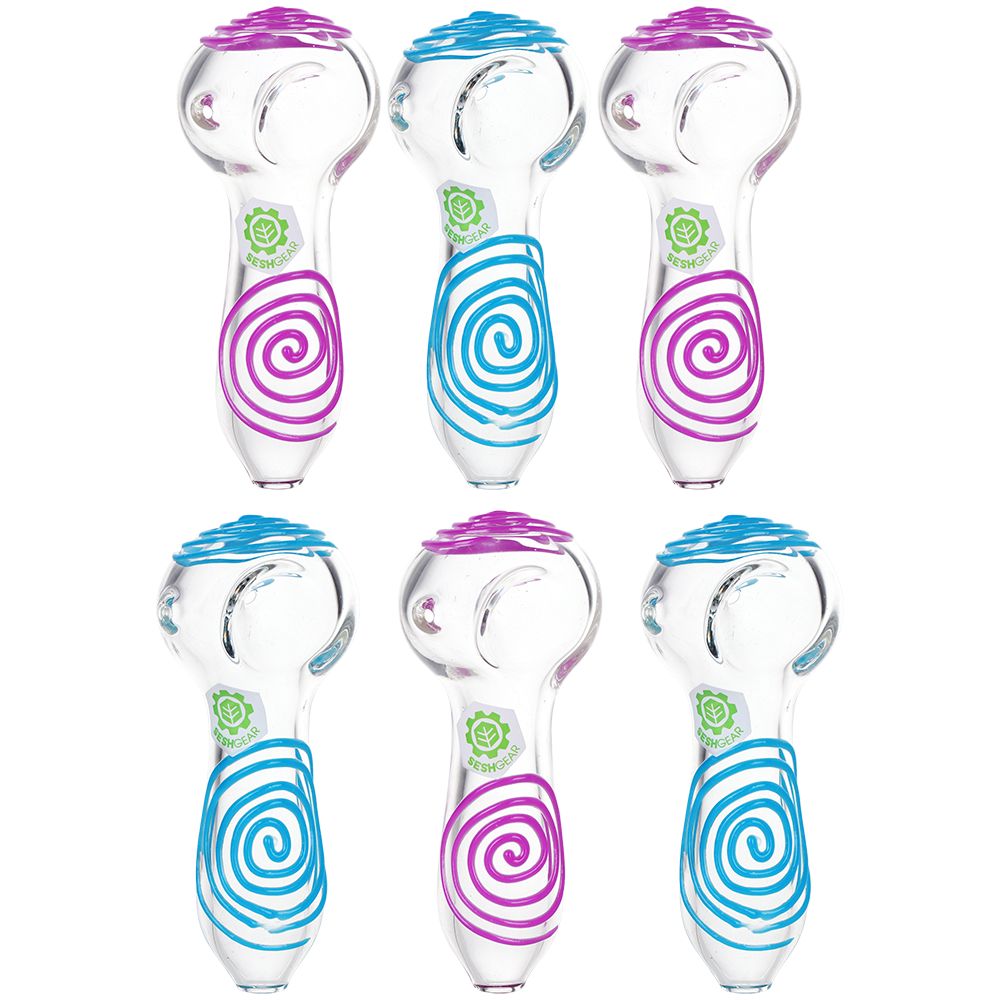 6CT BUNDLE - SeshGear Glowing Squiggles Glass Spoon Pipe - 4" / Assorted Colors