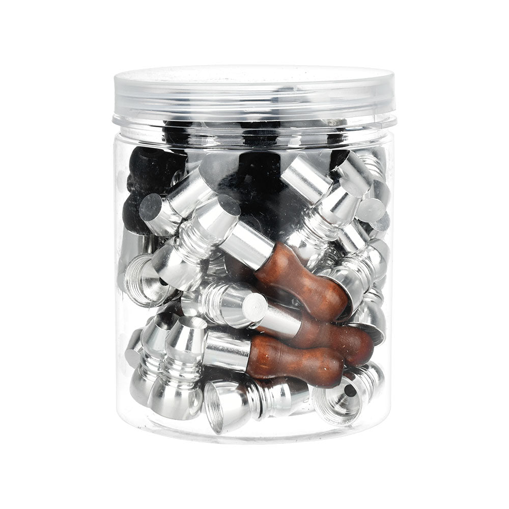 30PC JAR - Mini Metal Hand Pipe w/ Wooden Mouthpiece - 2" / Assorted Colors