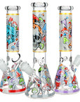 Monsters And Shrooms Glow Glass Beaker Water Pipe - 10" / 14mm F / Designs Vary