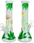 420 Hemp Leaf and Shrooms Glow In The Dark Glass Water Pipe - 9.5" / 14mm F