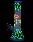 420 Hemp Leaf and Shrooms Glow In The Dark Glass Water Pipe - 9.5" / 14mm F